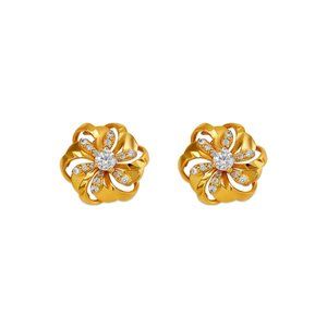 14k REAL GOLD Fancy Flower Stud CZ Earrings 12MM